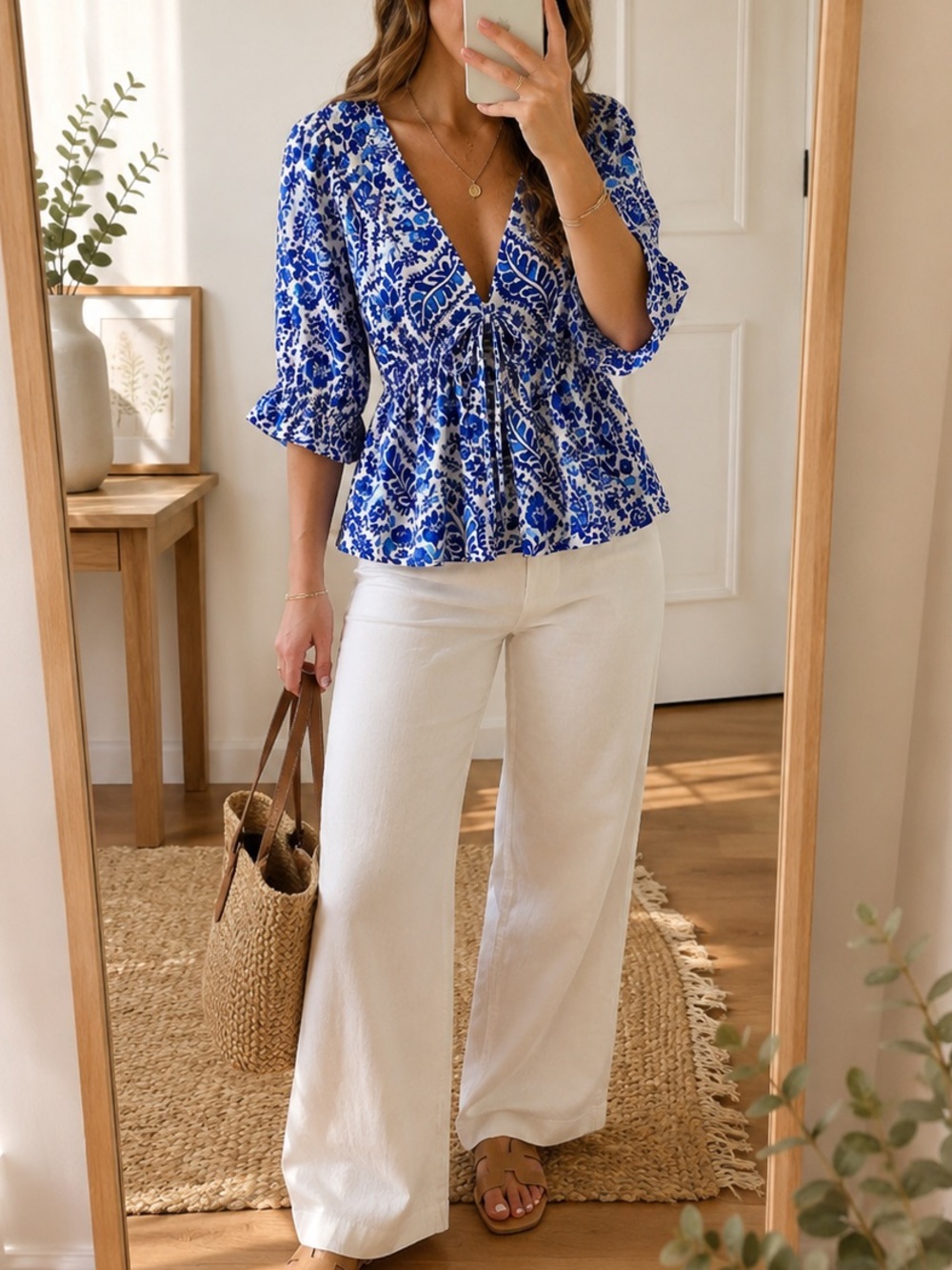 Francesca's Collections White and Blue Floral V-Neck Peplum Top